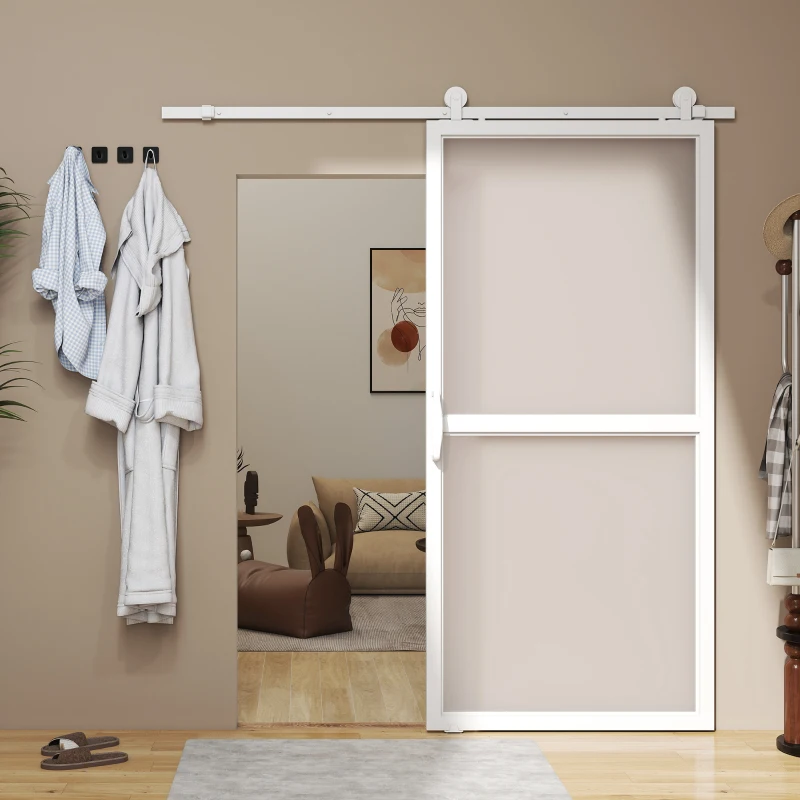HOMCOM Ferragem para Porta de Correr Kit de Acessórios para Porta Corredeira com 2 Trilhos de Aço de Carbono 200x40x0,6 cm Branco