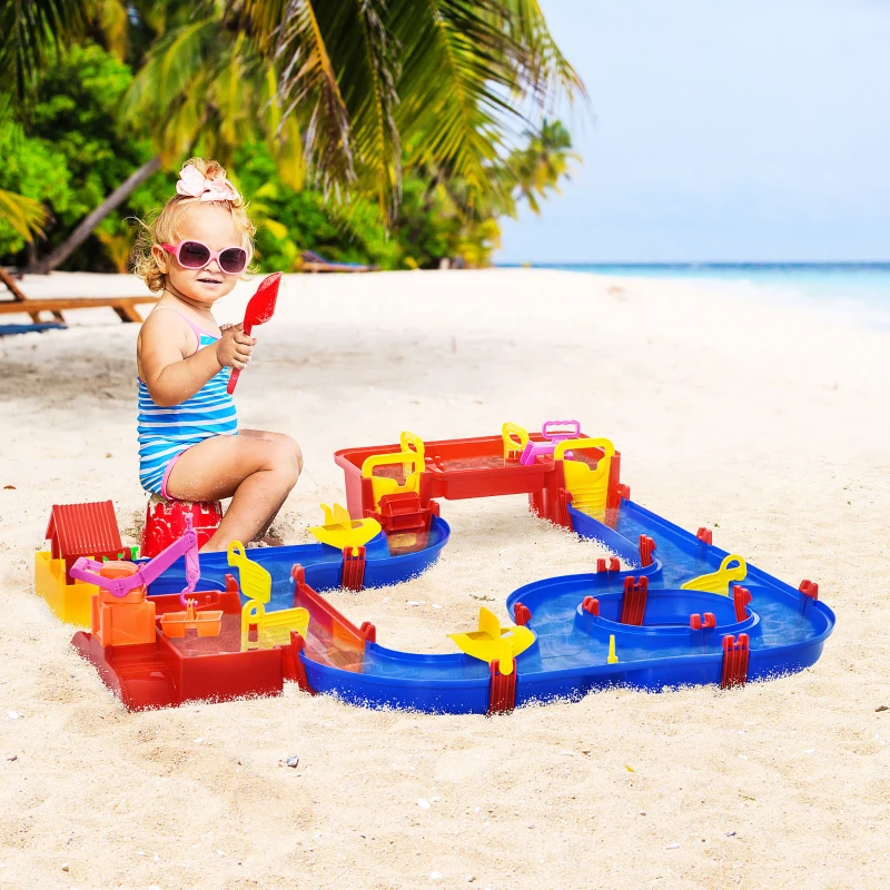 HOMCOM Playset Acquatico 78 Pezzi con Acqua e Sabbia per Bambini 3-6 Anni, 123x111x7cm, Blu e Rosso