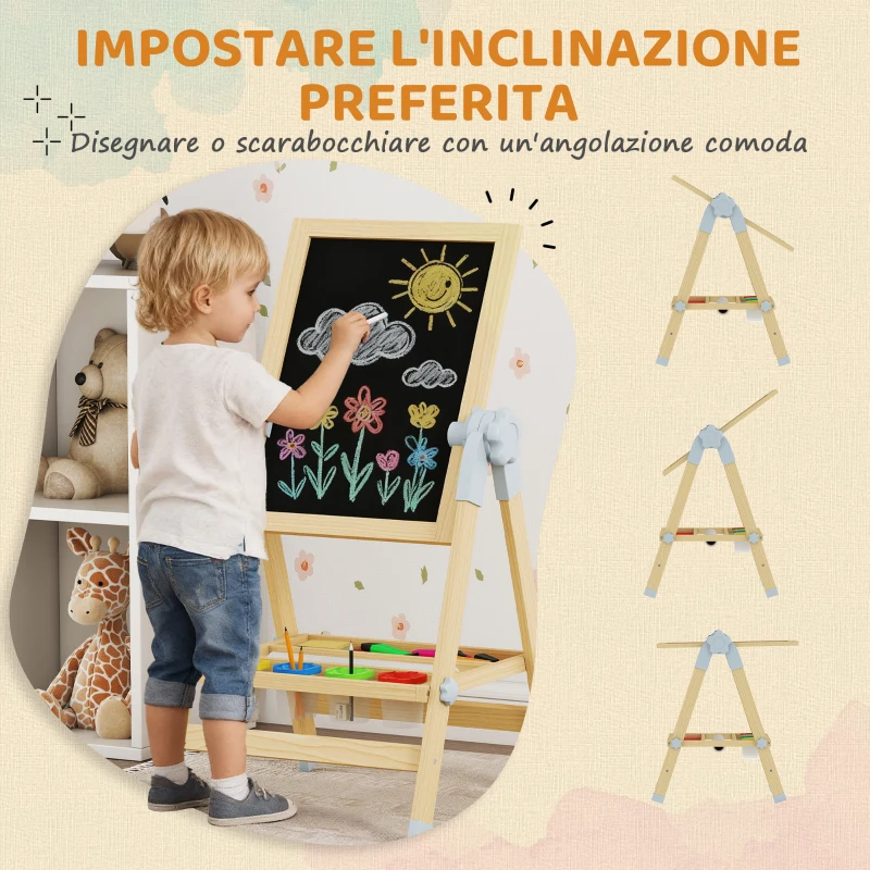 AIYAPLAY Cavalletto per Bambini Doppia Lavagna per Gesso e Pennarelli, Lavagnetta Magnetica e Rotolo di Carta, Legno