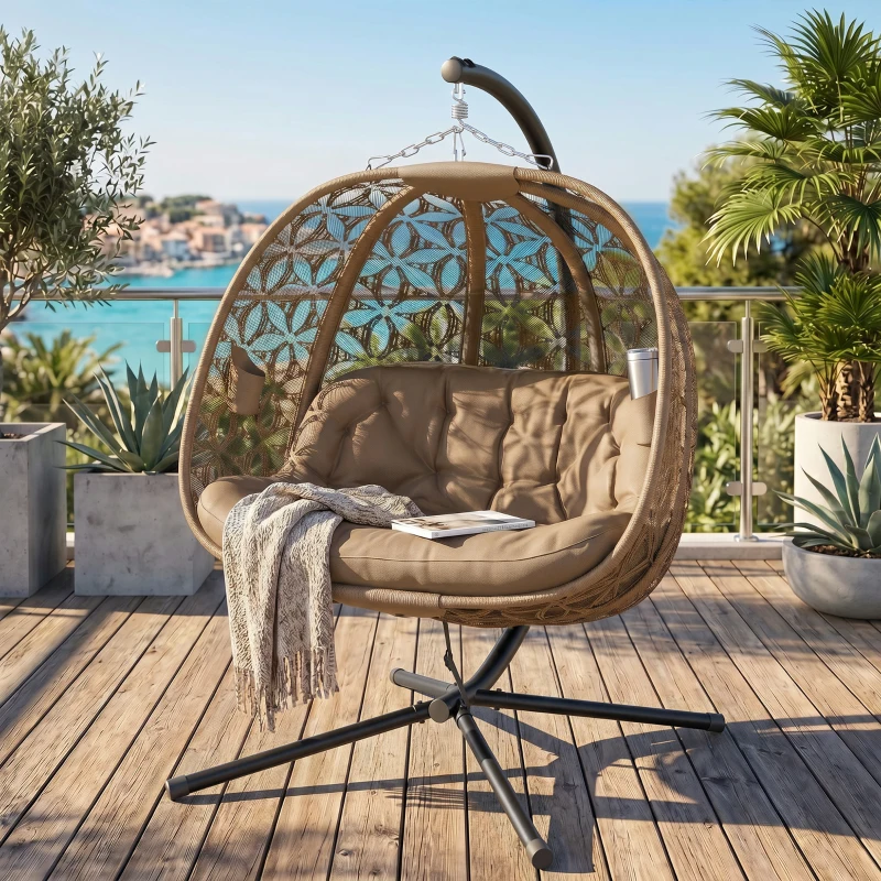 Outsunny Outdoor Double Hanging Chair, Swing Chair with Metal Stand, Thick Padded Cushion, Foldable Basket and Cup Holders, for Indoor and Outdoor, Sand Brown