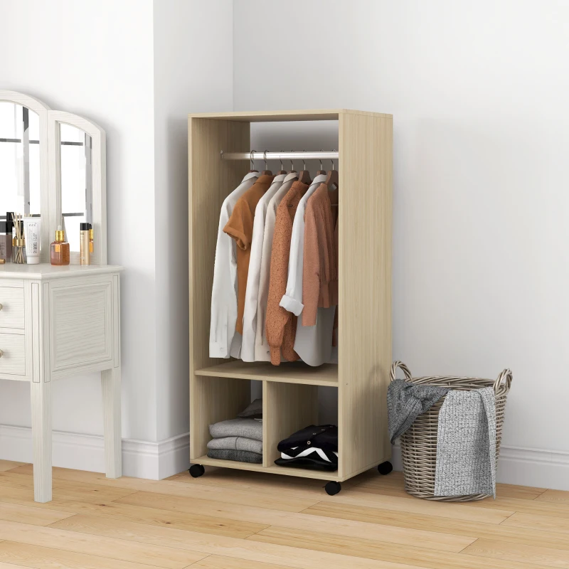HOMCOM Open Wardrobe on Wheels, Bedroom Wardrobe with Clothes Hanging Rail, 2 Storage Shelves, Mobile Garment Rack for Cloakroom, Hallway, Natural