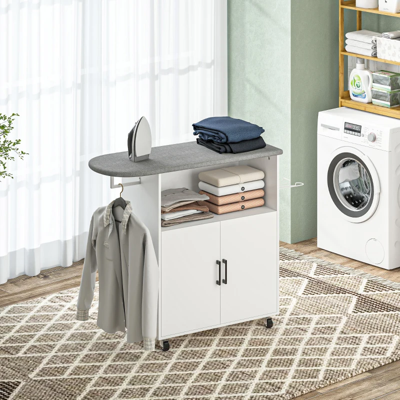 HOMCOM Mobile Asse da Stiro con Armadietto a 2 Ante e Spazio Aperto, 125x43.5x102.5 cm, Bianco