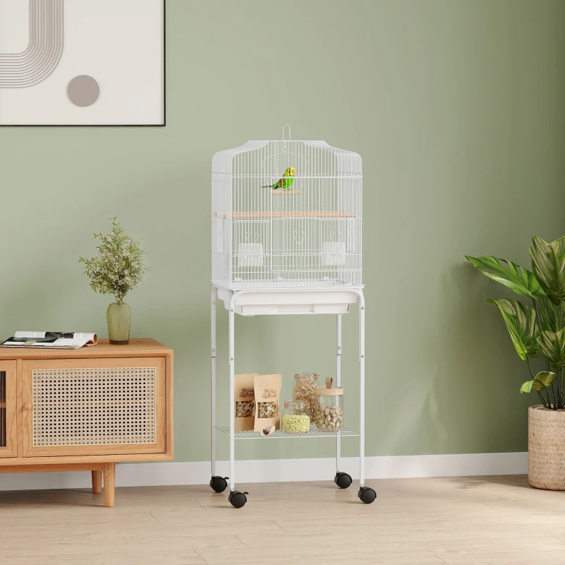 PawHut Jaula para Pájaros con Ruedas Estante Puertas 2 Comederos 2 Perchas Columpio Bandeja Extraíble 46,5x36x124 cm Blanco