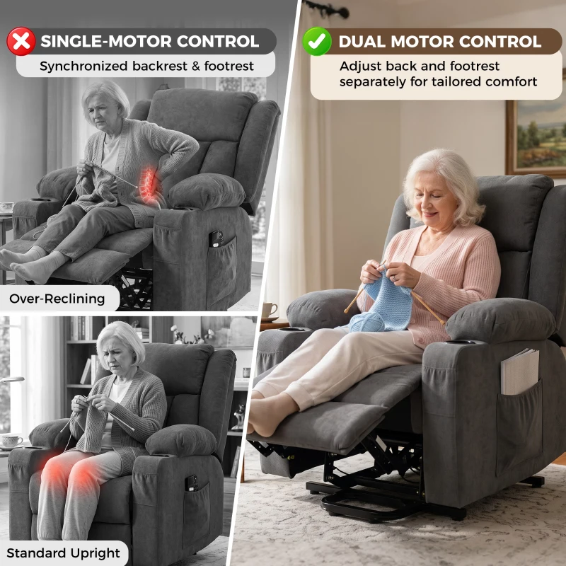 HOMCOM Dual Motor Recliner Chair, 55° Electric Lift Chair for Elderly, Recliner Armchair with Massage and Heat, Dark Grey