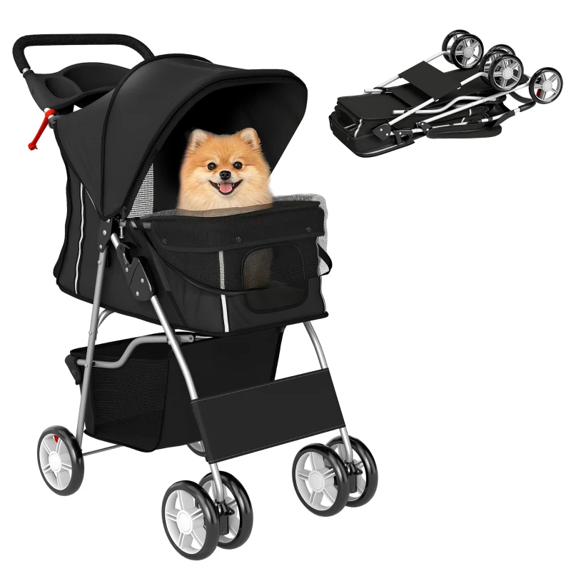 PawHut Cărucior Pliabil pentru Câini, cu Coș și Suport pentru Pahare, Greutate Max. 10 kg, 77x44x102 cm, Negru