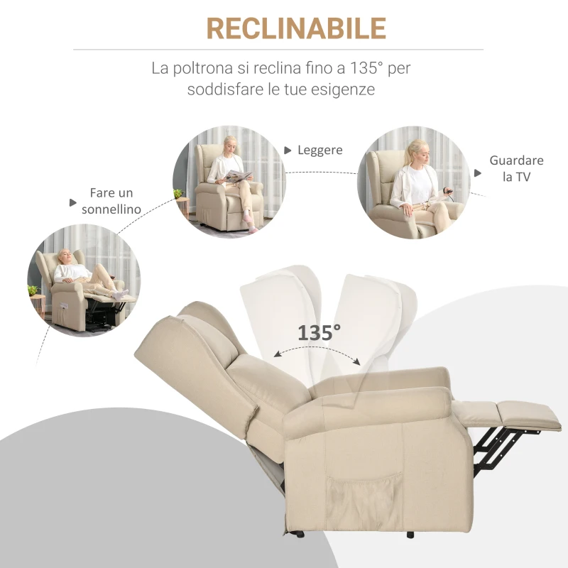 HOMCOM Poltrona Elettrica Alzapersona Reclinabile 135°, Portata 200KG, Poltrona Relax Elettrica in Tessuto Effetto Lino con Telecomando, Poggiapiedi e 1 Tasca Laterale per Soggiorno, Bianco Crema