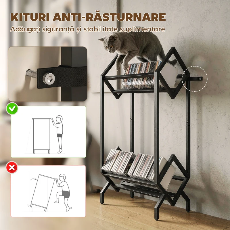 HOMCOM Organizator CD-uri pentru 50 CD-uri, Organizator Viniluri 2 Niveluri din Metal pentru DVD-uri, Cărți, Albume, Negru