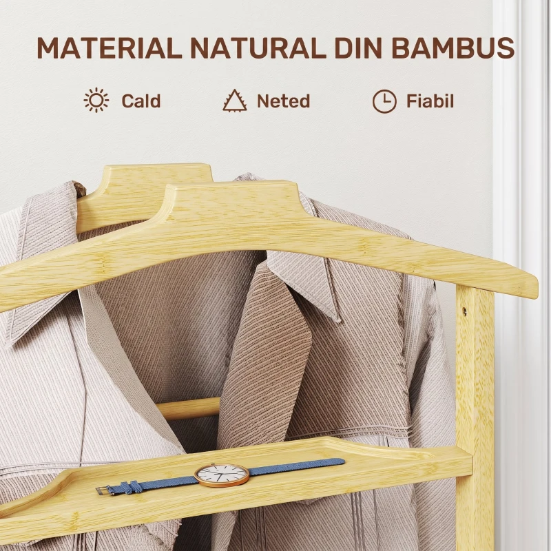 HOMCOM Servomut 4 în 1 pe roți, cu 2 bare, tavă pentru chei și raft pentru pantofi, din bambus, 47x33,7x105,5 cm