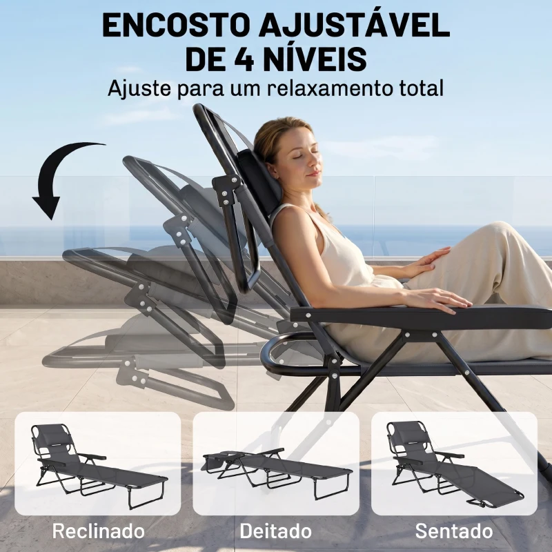 Outsunny Espreguiçadeira Dobrável Encosto Ajustável Orifício de Leitura Almofada de Apoio e Braços Carga 120 kg 145x72x89 cm Cinzento Escuro