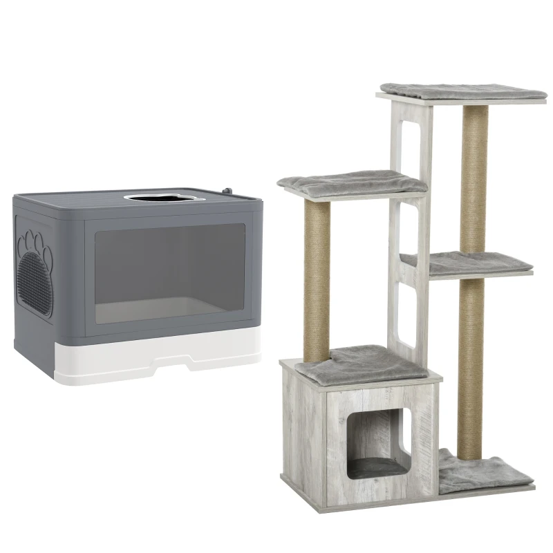 PawHut Conjunto para Gatos com Arranhador para Gatos 114 cm com Múltiplas Plataformas e Caixa de Areia Coberta Cinza