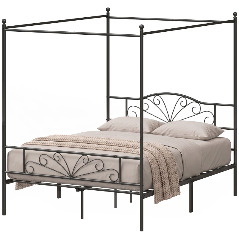HOMCOM Canopy Bed Frame Double Size, Metal Platform Bed Frame with Headboard and Footboard, Underbed Storage, Black
