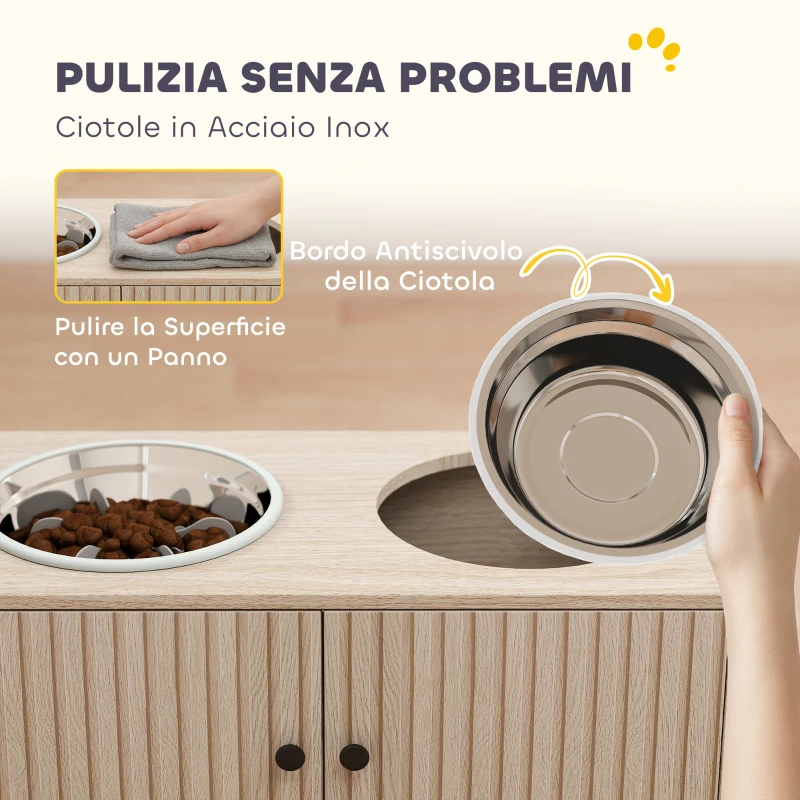 PawHut Portaciotole per Cani con 2 Ciotole da 2L in Acciaio Inox e Armadietto Inferiore, in Legno, 60x30x35.5 cm, Rovere