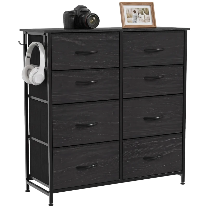 HOMCOM Chest of Drawers, Dresser with 8 Fabric Drawers, Tall Storage Unit with 4 Pockets and 2 Hooks Steel Frame, Black
