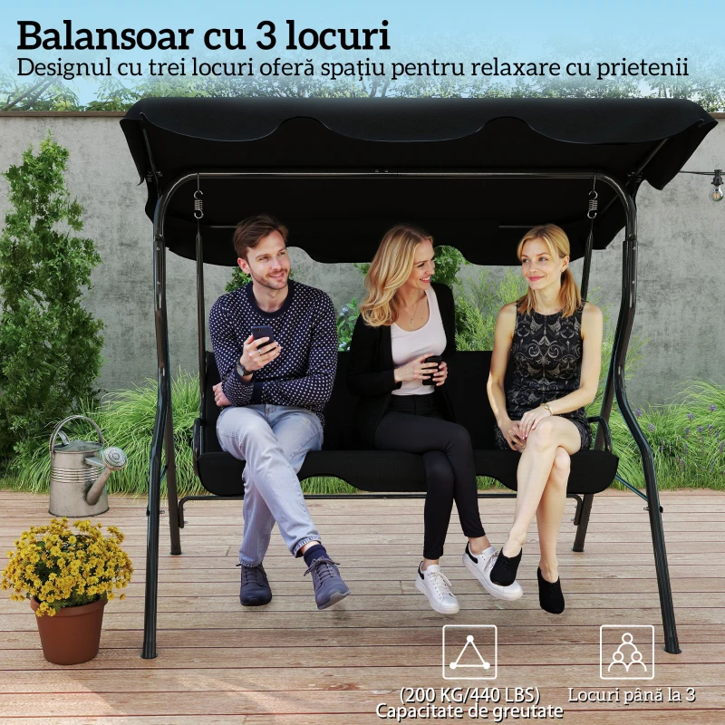 Outsunny Leagăn pentru 3 persoane cu copertină reglabilă și perne, din oțel și poliester, 170x110x153 cm, negru