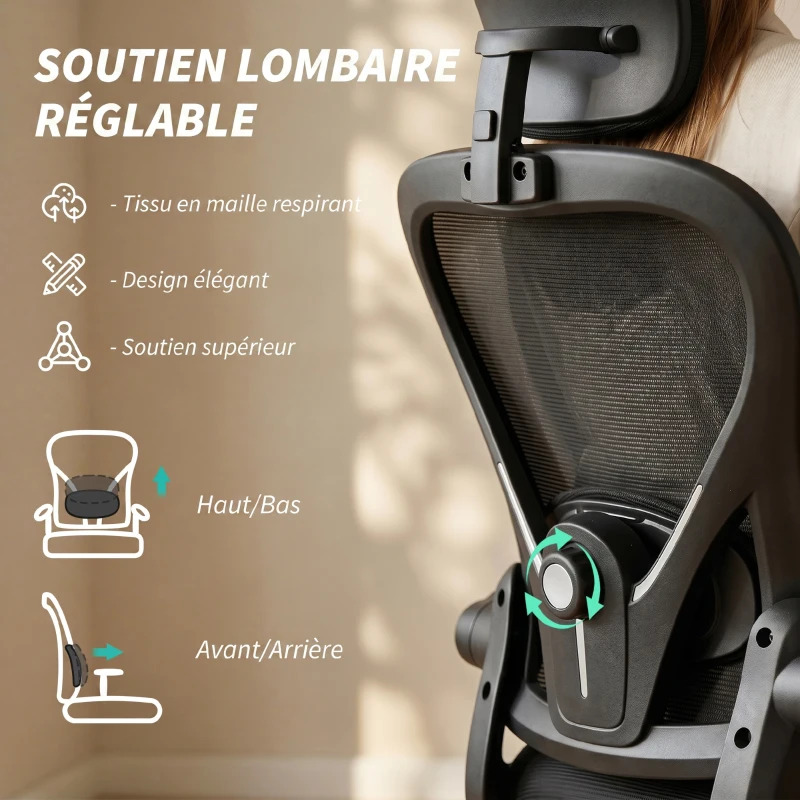 HOMCOM Chaise de Bureau Ergonomique, Fauteuil de Bureau en Maille avec Appui-Tête et Soutien Lombaire Réglables, Noir