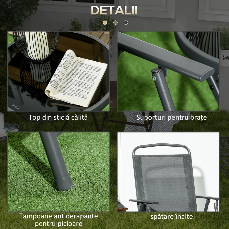 Outsunny Set de grădină 3 piese cu 2 scaune 53.5x64x93 cm și măsuță de cafea Ø45x50 cm, din metal, gri închis