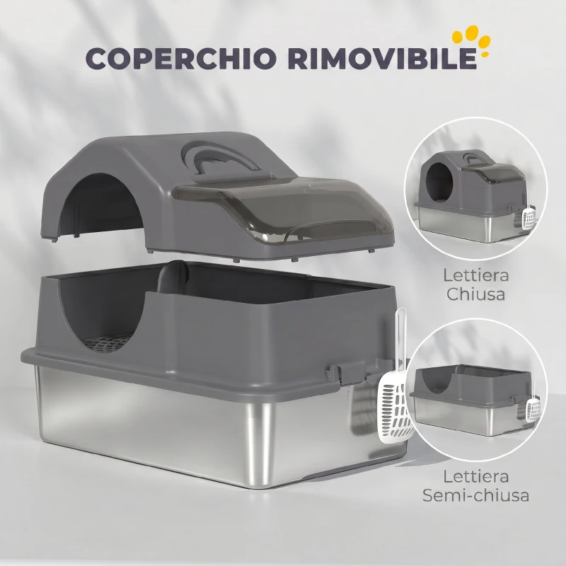 PawHut Lettiera Gatto Chiusa XL in Acciaio Inox con Coperchio, Paletta, Tappetino di Raccolta, Grigio Scuro
