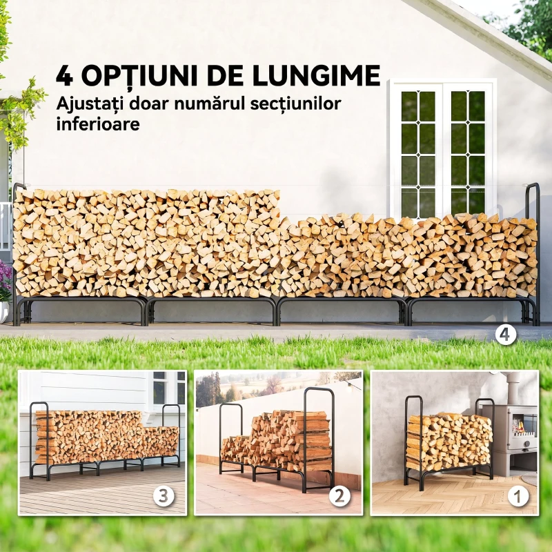 Outsunny Suport pentru Lemne 1 m³, Reglabil, cu Husă Impermeabilă din PE, Metal, 360 x 36 x 99 cm, Negru și Verde Închis