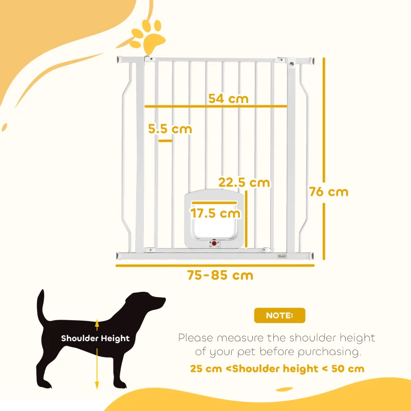 PawHut Adjustable Pet Gate with Cat Door, Pressure Fit Barrier for Doorway and Hallway, 75-85 cm, White