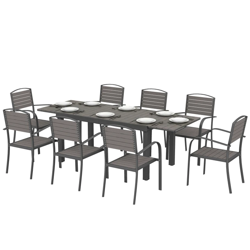 Outsunny Set da Esterno 9pz con Tavolo Allungabile e 8 Sedie Impilabili, in Alluminio e Legno Composito Grigio