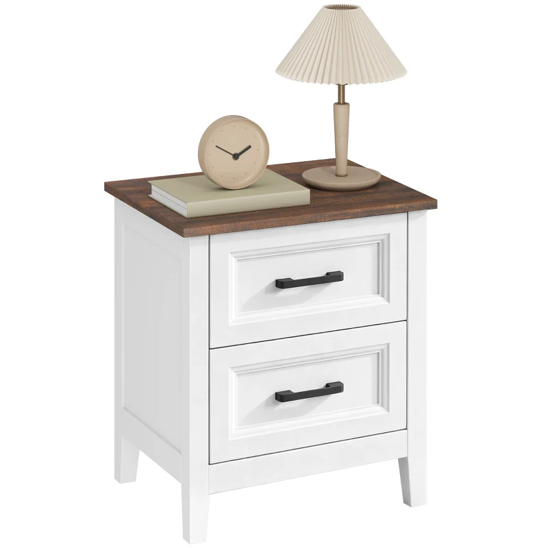 HOMCOM Table de chevet, table de nuit avec 2 tiroirs, plateau effet bois, style rustique, pour chambre à coucher, salon, blanc