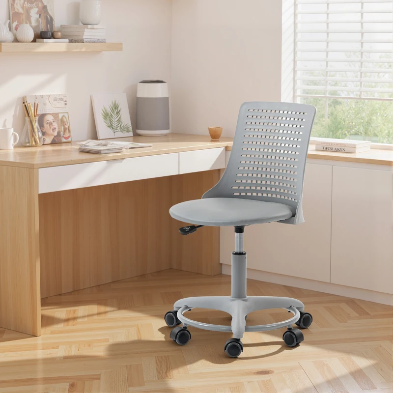 HOMCOM Cadeira de Escritório sem Braços Cadeira de Secretária Giratória em Malha com Encosto Vazado Ajustável 43x42x74-86 cm Cinza