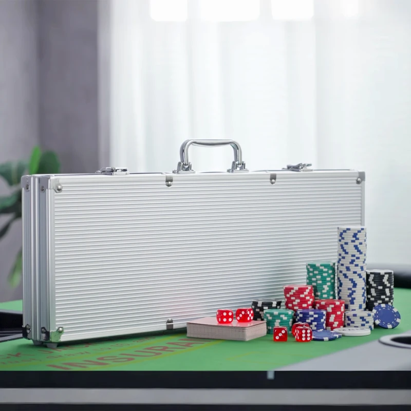 HOMCOM Mallette de Poker Coffret de Poker Complet avec 500 jetons 2 Jeux de Cartes + 5 dés Bouton Dealer 2 clés alu.