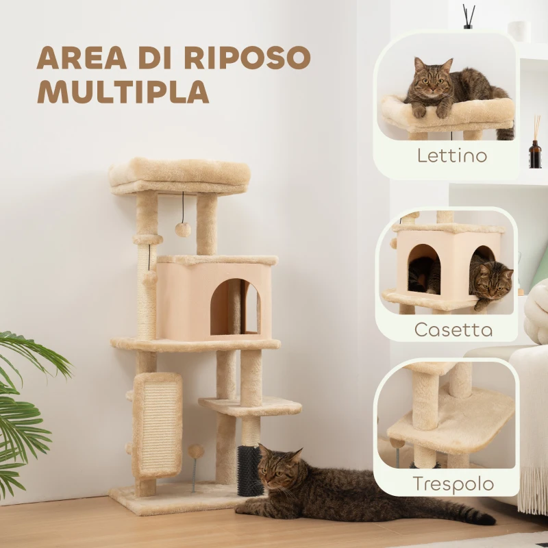 PawHut Albero per Gatti Multilivello Alto 104 cm con Casetta, Lettino, Pali Tiragraffi, Spazzola e Pallina, Beige