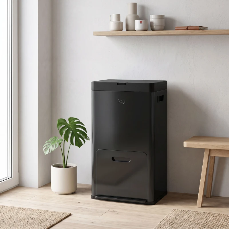 HOMCOM Coș rectangular cu pedală, coș bucătărie 56 L, 3 compartimente, închidere silențioasă, oțel inox, 45,7x35,8x76cm negru