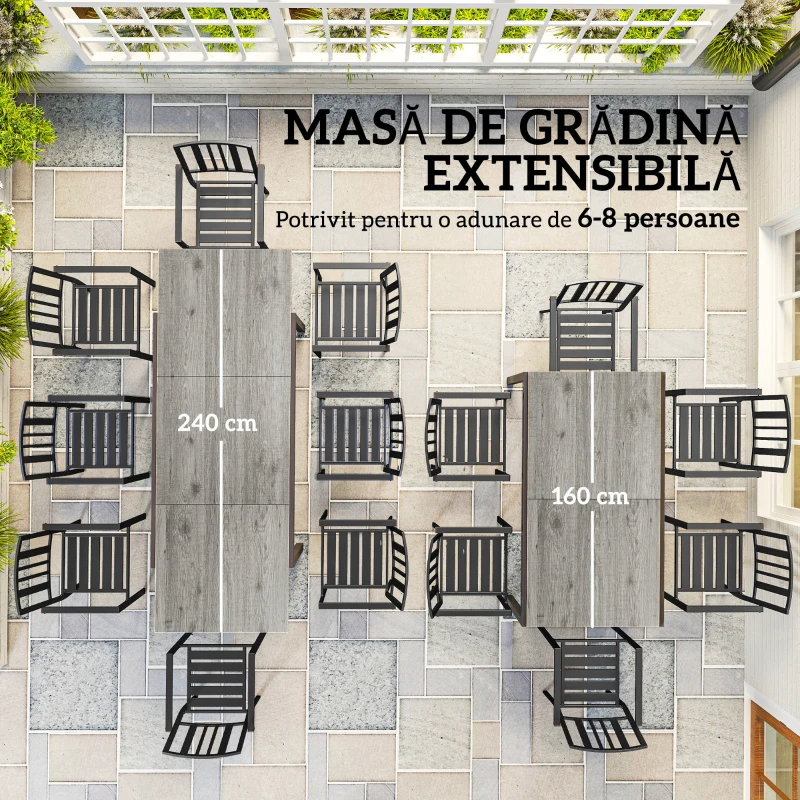 Outsunny Masă de Grădină Extensibilă de 160-240 cm pentru 6-8 Persoane Rectangulară din Oțel și Aluminiu, Efect Lemn