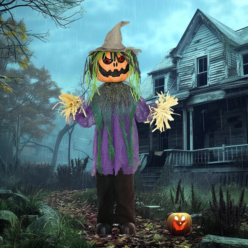 HOMCOM 3'6" Pumpkin Scarecrow Halloween Animatronic, with Glowing Eyes