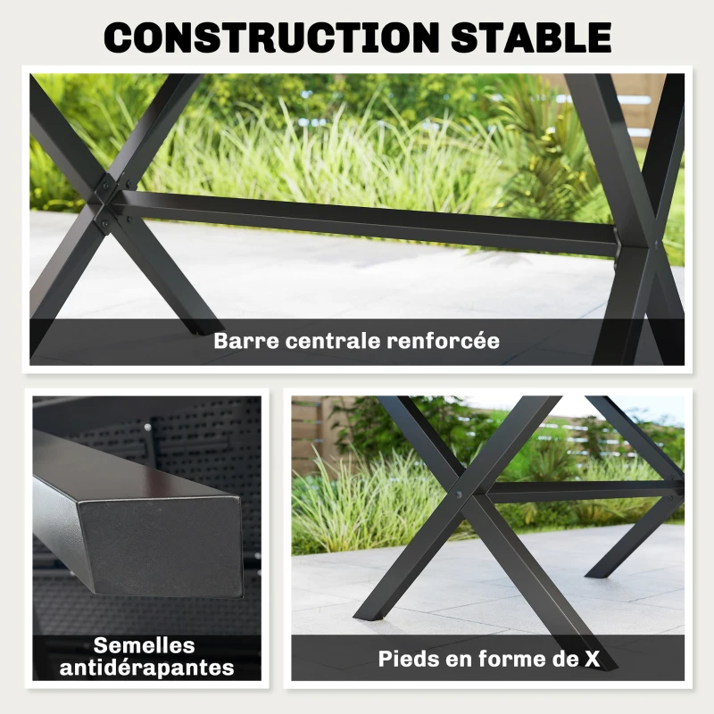 Outsunny Table de jardin rectangulaire pour 4 à 6 personnes, table à manger extérieure Plateau effet bois 150 x 90 x 74 cm, Noir