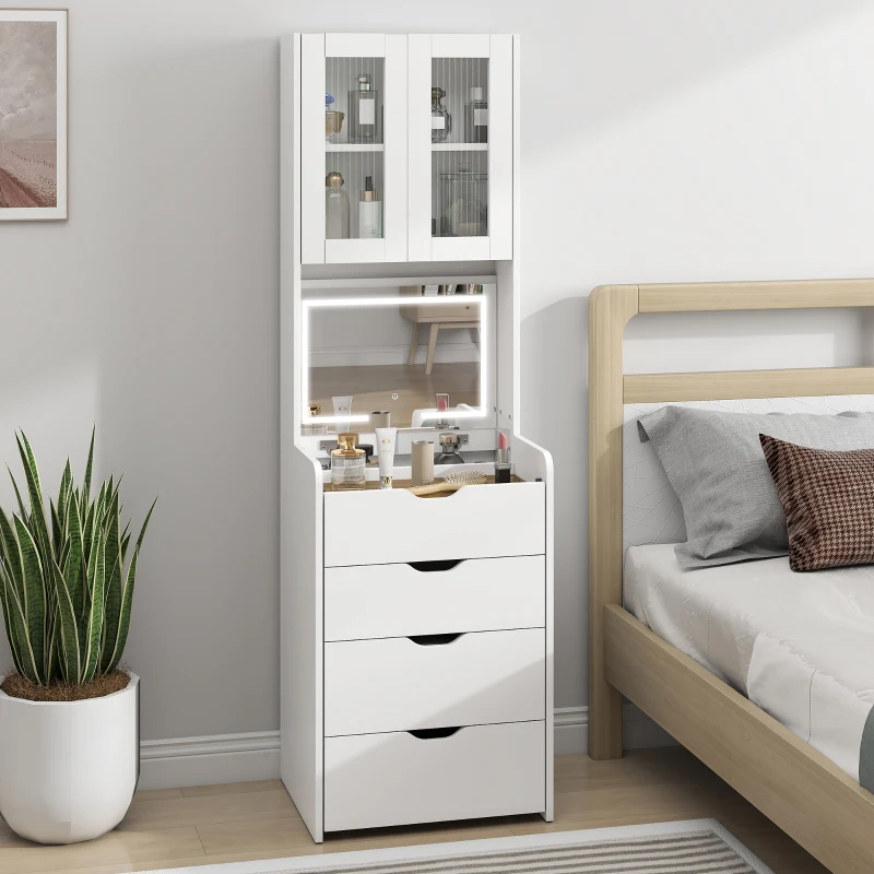 HOMCOM Toucador de Maquilhagem com Luzes LED de 3 Cores Espelho Rebatível e Banco Acolchoado 50x40x160 cm Branco
