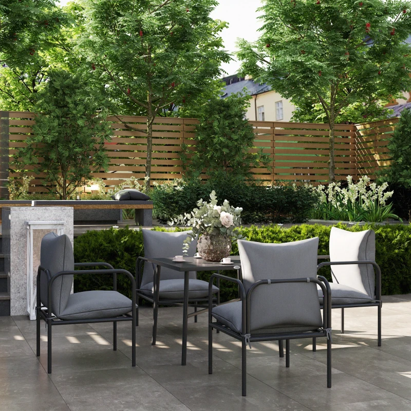 Outsunny Set da Giardino 5 Pezzi in Acciaio con 4 Sedie 58x58x66 cm e Tavolo 80x80x71 cm con Foro Centrale, Grigio