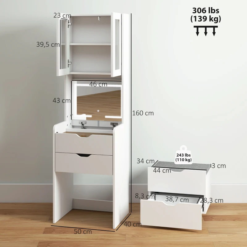 HOMCOM Toucador de Maquilhagem com Luzes LED de 3 Cores Espelho Rebatível e Banco Acolchoado 50x40x160 cm Branco