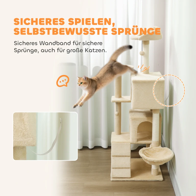 PawHut Krabpaal 140 cm kattentoren met hangmat, ladder, hol, 2 pluchen ballen, sisalstammen, 48 x 48 x 140 cm, beige