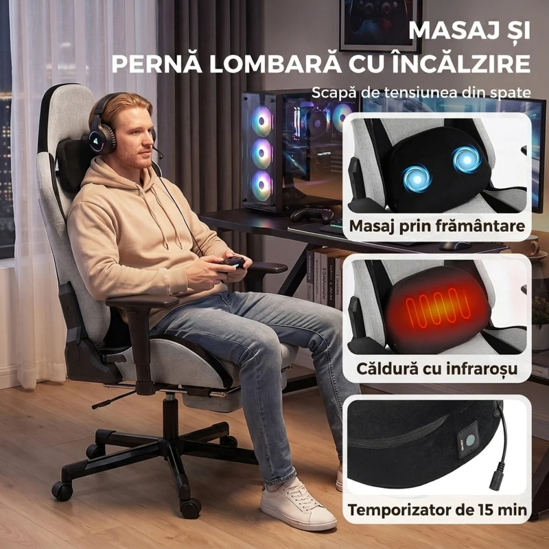 HOMCOM Scaun Gaming Ergonomic cu Masaj încălzit, Suport Picioare, Textil, Gri