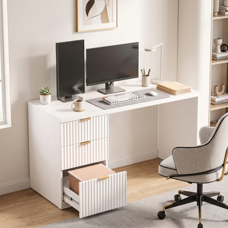 HOMCOM Computer Desk with 3 Drawers Reversible Home Office Desk 120 cm, White
