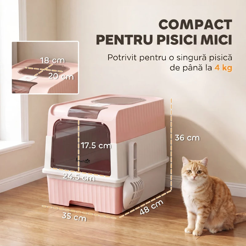 PawHut Litieră pentru Pisici cu Capac, Tavă Detașabilă, Anti Miros, 48x35x36 cm, Roz