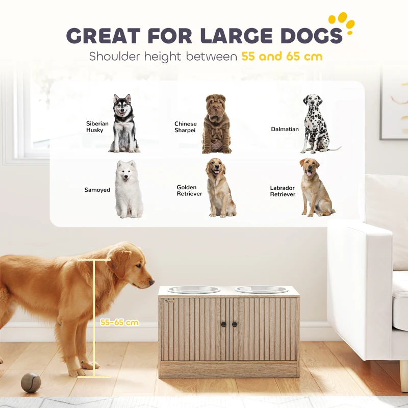 PawHut Gamelles pour chiens surélevées porte-gamelles avec rangement de 40L, 2 bols en acier inoxydable 60 x 30 x 35,5 cm chêne