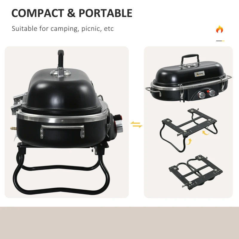 Outsunny Foldable Gas BBQ Grill, 2-Burner Table Top Barbecue with Lid, Piezo Ignition, Thermometer for Camping, Picnic Cooking - Aluminium Alloy