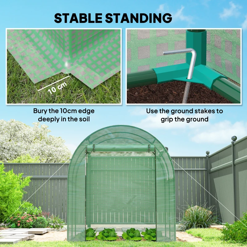 Outsunny 1.8 x 1.8 x 2 m Walk-In Polytunnel Greenhouse - Includes Roll-Up Window and Door, Steel Frame for Garden, Green