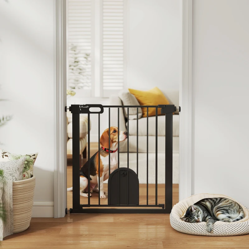 PawHut Dog Gate with Cat Flap Pet Safety Gate Barrier, Stair Pressure Fit, Auto Close, Double Locking, for Doorways, Hallways, 75-82 cm Black