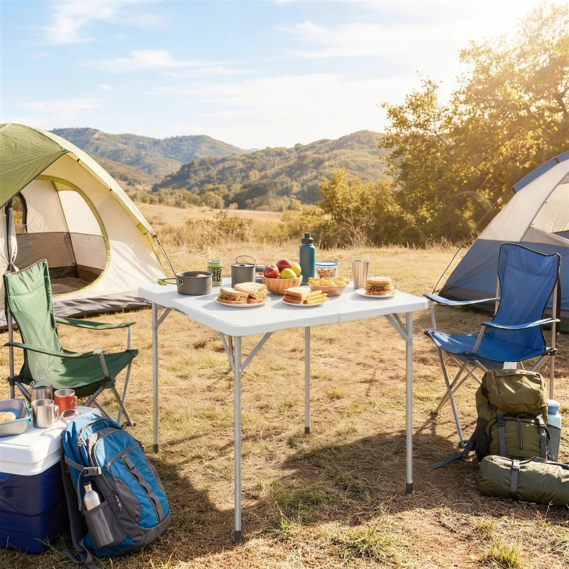Outsunny Table pliante en HDPE, table de camping pliante carrée 86 x 86 x 74 cm, avec une poignée, hauteur réglable, blanc