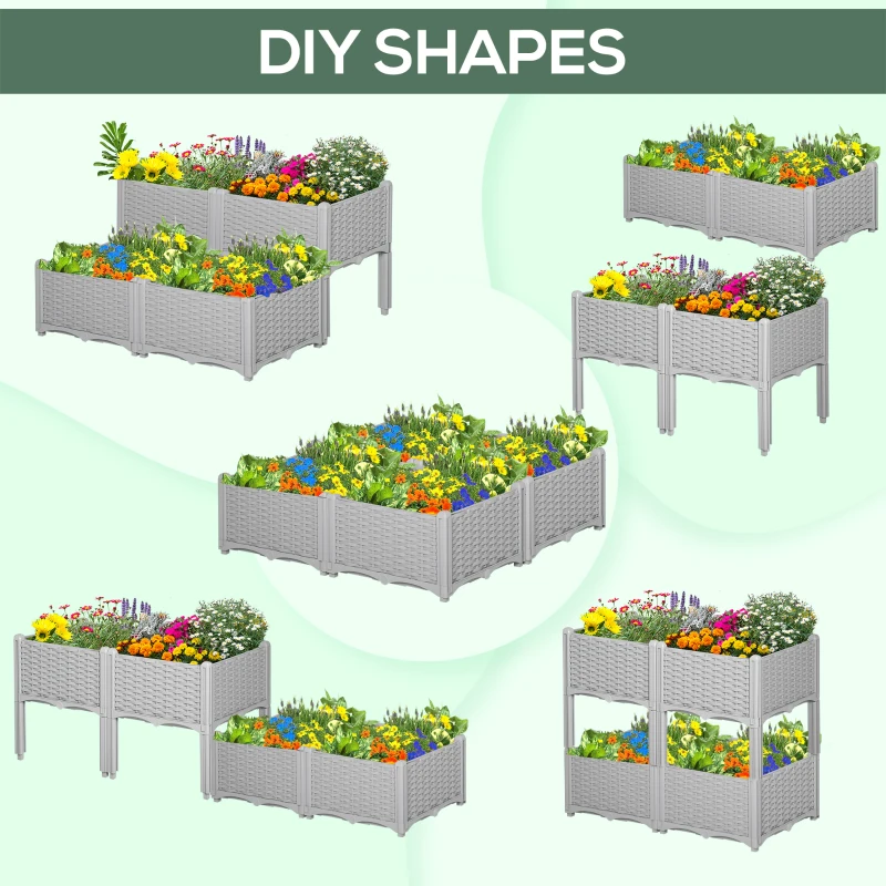 Outsunny Set of 4 26L Garden Raised Bed Elevated Patio Flower Plant Planter Box PP Vegetables Planting Container, Grey