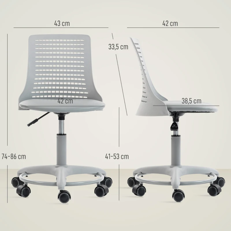 HOMCOM Cadeira de Escritório sem Braços Cadeira de Secretária Giratória em Malha com Encosto Vazado Ajustável 43x42x74-86 cm Cinza