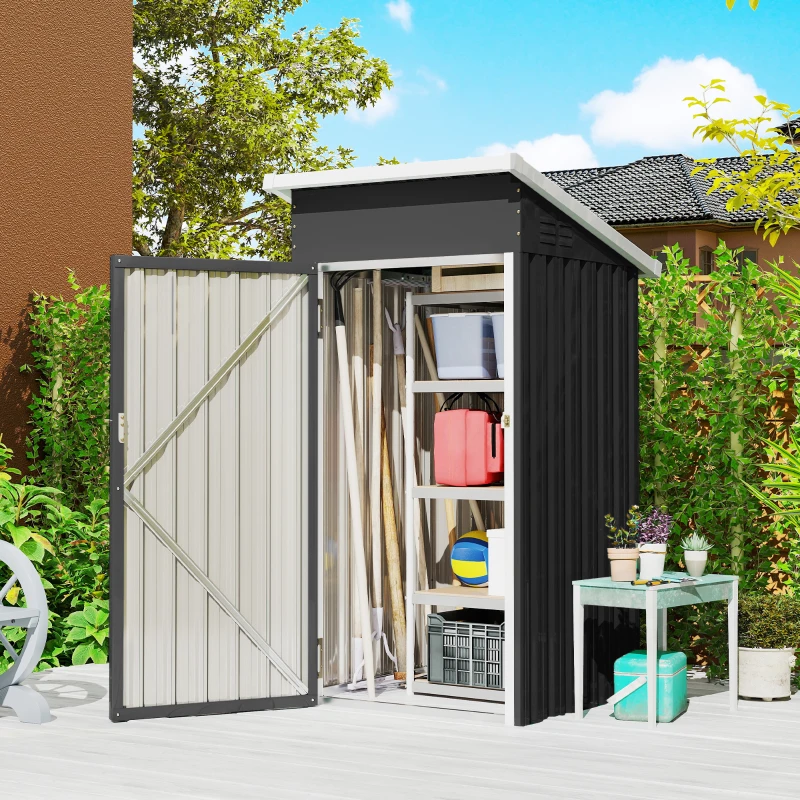 Outsunny Magazie de Grădină 0,74m² din Oțel Galvanizat cu Guri de Aerisire, Magazie cu Ușă Blocabilă, Acoperiș Înclinat, Mănuși, Depozitare Unelte, 107,5x91x185 cm, Gri Închis