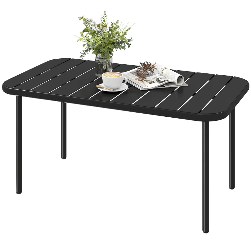 Outsunny Table Basse de Jardin en Acier Galvanisé, Plateau à Lattes, Table Rectangulaire aux Angles Arrondis, 90x50x43cm, Noir