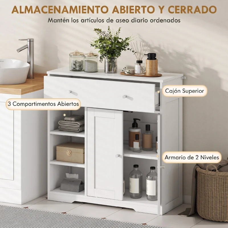 HOMCOM Armario de Baño Estrecho con Cajón 2 Puertas y 3 Estantes Abiertos 80x30x80,2 cm para Cocina Salón Blanco Veteado