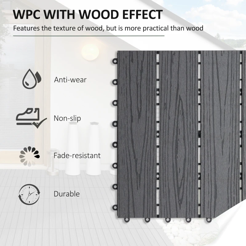 Outsunny WPC Interlocking Decking Tiles, Pack of 11 Interlocking Patio Paving Slabs, 30 x 30 x 2.2 cm, Grey
